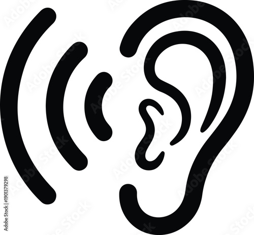 Simple black and white illustration of a human ear showcasing auditory perception