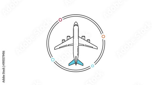 Top view of a passenger airplane inside a circular frame with small colored dots represents global air travel network.