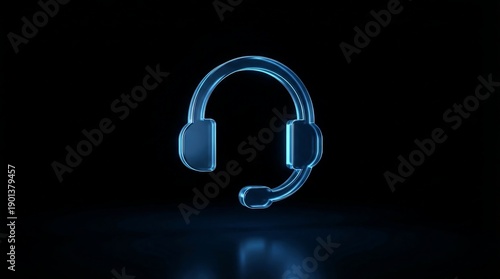 Glowing blue headset on a dark background with reflective surface neon technology