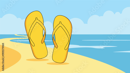 Pair of bright yellow flip-flops stands on a relaxing sandy beach with the blue ocean and clouds in the background.