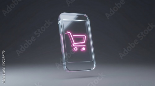Glowing pink shopping cart icon on a smartphone screen with dark background