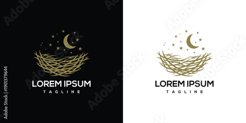 Golden Bird Nest with Moon and Stars Logo - Night Sky Emblem.