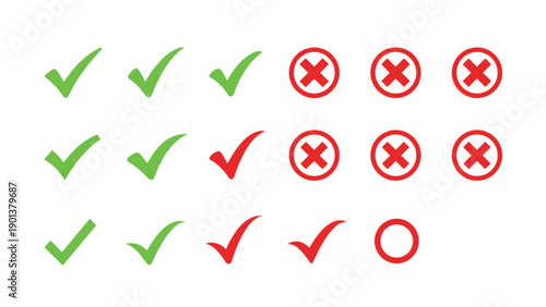 Collection of various checkmarks and cross icons in green and red represents approval, rejection, and task status.
