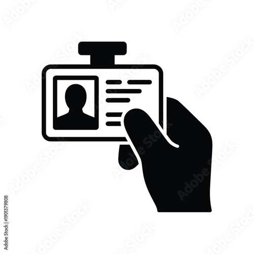 A hand holding up a black and white identification card icon