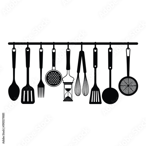 Black and white illustration of kitchen utensils hanging on a rack