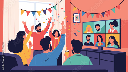 Happy friends celebrate a virtual party through a video call on a large screen during a festive indoor gathering.