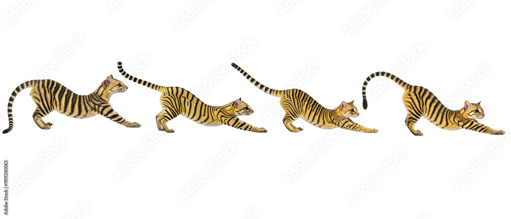 Obraz premium A sequence of a young tiger cub stretching its body isolated on a white background.