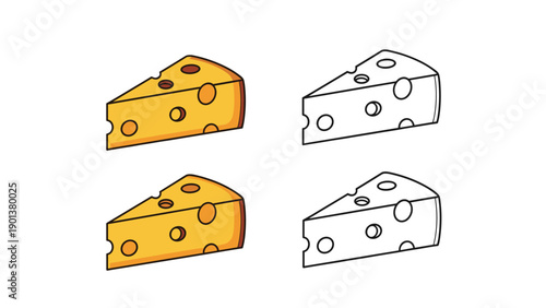 Slices of Swiss cheese with characteristic holes are shown in color and outline versions for culinary and educational design.