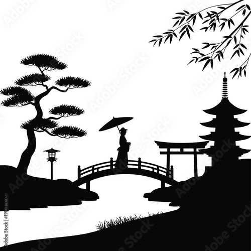 Silhouette of a japanese garden with pagoda bridge and woman