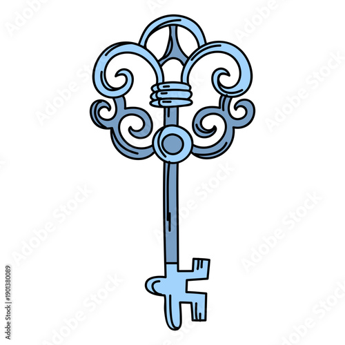 Hand drawn blue ornate key