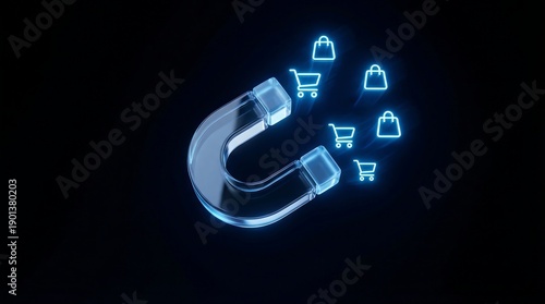 Horseshoe magnet attracting shopping cart and bag icons on dark blue background