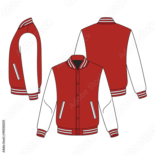 A red and white varsity jacket displayed from the front and back