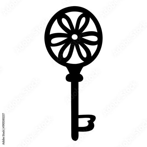 Hand drawn circle flower ornate key silhouette