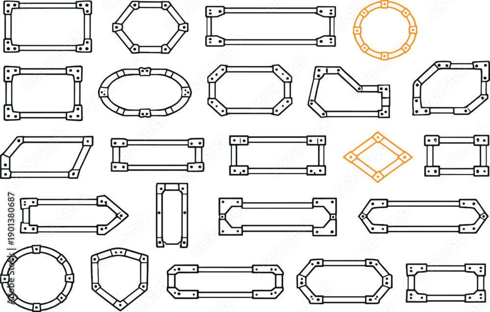 Obraz premium Industrial mechanical frame set, technical geometric borders and metallic structural elements for sci-fi design