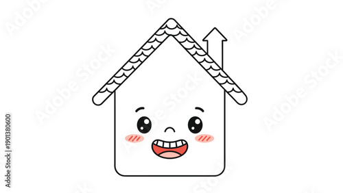 Friendly cartoon house character with a big smile and bright eyes welcomes you to a new home and neighborhood.