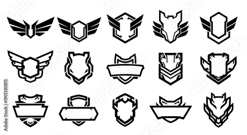 Vector collection of black fox head mascots and winged shield icons with empty banners perfect for gaming team logos and clan identity design
