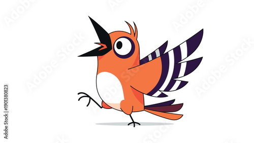 Happy orange bird with black and white striped wings sings a joyful song in a lively cartoon character design.