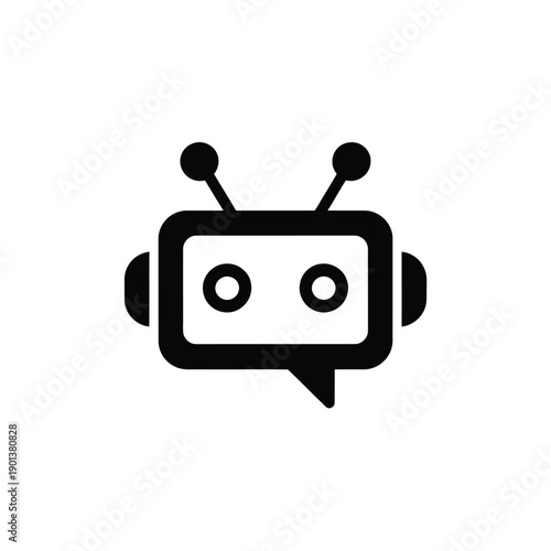 Simple black and white icon of a robot head with speech bubble