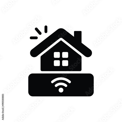 Simple black icon depicting a smart home with wifi connection