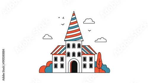Decorative castle building features colorful striped roofs and a central tower surrounded by small clouds and birds.
