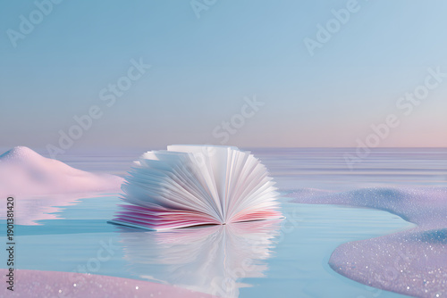 Wallpaper Mural A book sits on calm water with pink waves at sunset, reflecting colors of the sky in a creative scene filled with imagination and wonder Torontodigital.ca