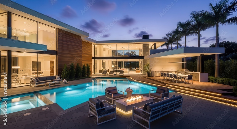 Fototapeta premium Modern luxury villa at dusk with illuminated pool and palm trees night scene