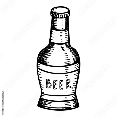 Black and white line art of a beer bottle, hand drawn on a white background.