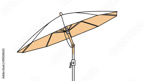 Large tan patio umbrella is shown from an angled perspective featuring a sturdy wooden pole and a wide canopy for outdoor shade.