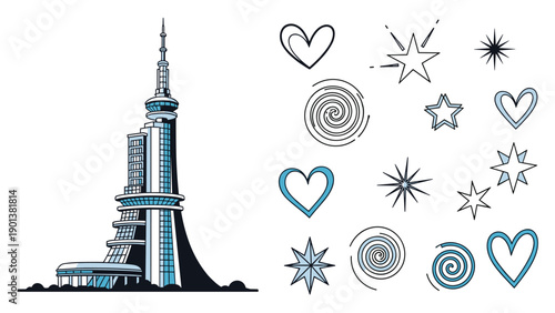Futuristic tower building stands next to a collection of simple doodle elements like hearts and stars in a clean blue and white style.