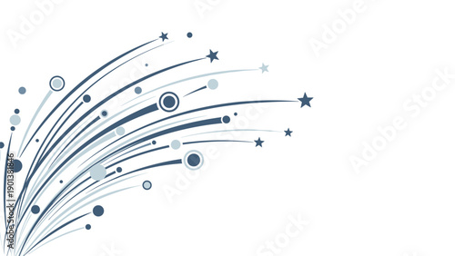 Elegant blue graphic design shows a collection of curved lines and stars sweeping across the frame in a motion-filled composition.