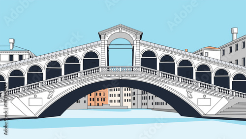 Detailed illustration of the historic Rialto Bridge in Venice shows its grand stone arches and architectural beauty over the canal.