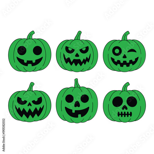 Six green jack o lanterns with various spooky and playful carved faces