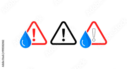 Water drop warning sign icons with exclamation mark vector set alert symbol