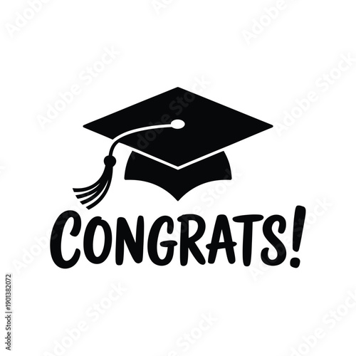 A black graduation cap illustration with the word congrats below it