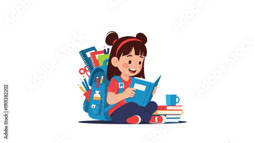 Bright schoolgirl with a blue backpack sits cross legged reading a book while surrounded by colorful pencils notebooks cups and rulers.