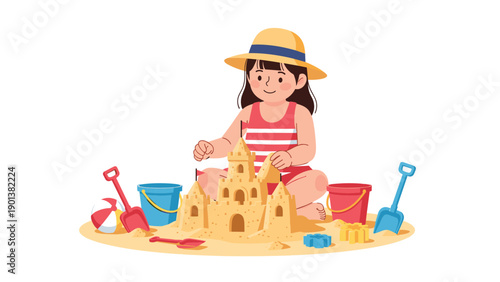 Girl builds a sandcastle on the sunny beach using colorful buckets shovels and molds while wearing a wide brim hat and enjoying a playful seaside afternoon.