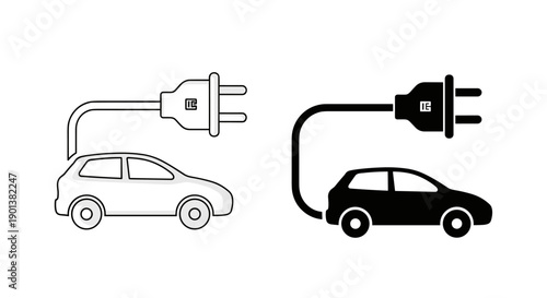 Electric vehicle charging icon set showing outline and silhouette car models connected to power plug via long cord