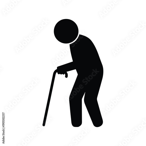 Simple black silhouette of an elderly person walking with a cane