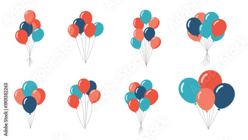 Colorful clusters of helium balloons in red teal and navy rise as festive decorations for celebrations arranged in a grid across the image.