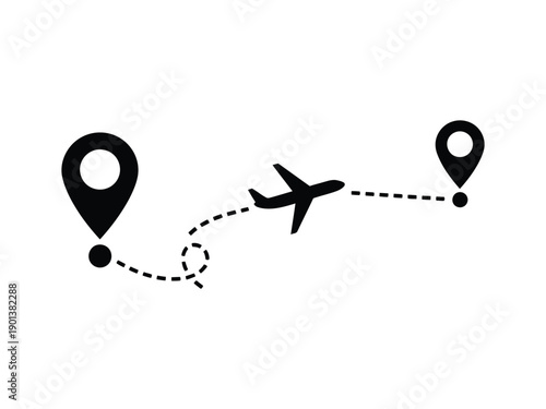 Airplane flying on a dashed route between two map pin locations, travel concept