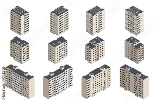 Isometric Set of Panel Residential Buildings and Apartment Blocks. 3D Vector City Infrastructure Elements for Urban Maps, Real Estate and Architecture Infographics