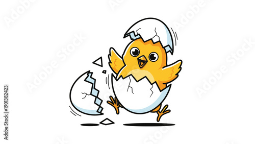 Cute yellow chick bursts out of a white eggshell with a happy expression in this cheerful and bright spring-themed illustration.