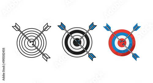 Bullseye target icon collection with crossed arrows presenting outline monochrome and colorful flat vector versions