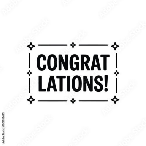 Black and white graphic illustration displaying the word congratulations with stars