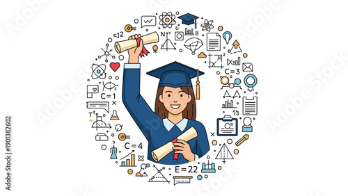 Student in a blue graduation gown and cap celebrates academic achievement by holding a diploma amid a circle of science and learning icons.