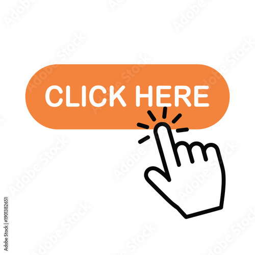 A hand cursor is clicking an orange button labeled click here