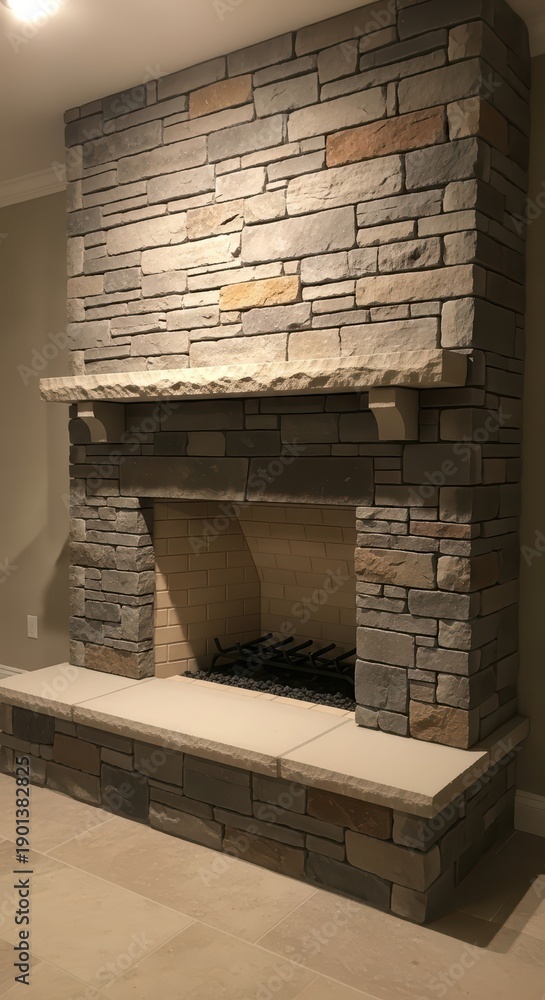 Fototapeta premium Rustic stone fireplace with mantel in cozy living room setting featuring neutral tones and stacked brick design