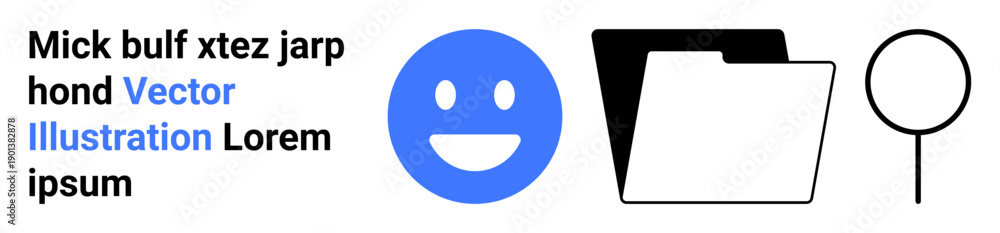 Fototapeta premium Digital tools, user interface, organizational systems, search functions, technology, online storage. Blue happy face, black-and-white folder magnifying glass icon. Digital tools and user interface