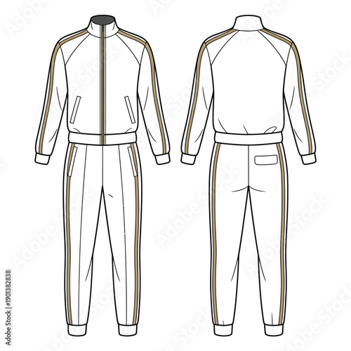 Technical illustration of a white and brown tracksuit with side stripes