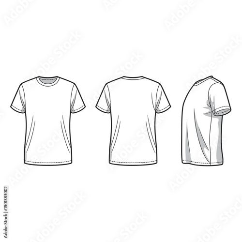 Technical fashion illustration of a classic short sleeved t shirt in three views